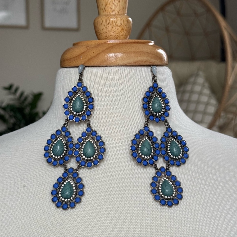 Statement Teal & Blue Beaded Drop Earrings